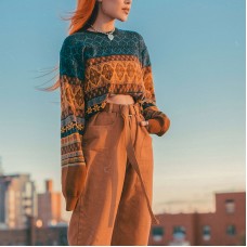 Woman Short Sweater Retro Chic Splicing Color Winter Young G HF2902-03-03 Woman Short Sweater Retro Chic Splicing Color Winter Young G HF2902-03-03