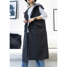 vintage plus size medium length sleeveless coats black hooded zippered coat